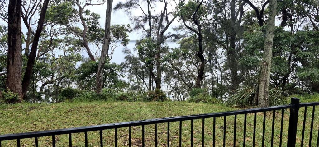 サンクチュアリ・ポイントにあるGreville Getaway - Absolute Waterfrontの木の入った野原の前の黒い柵