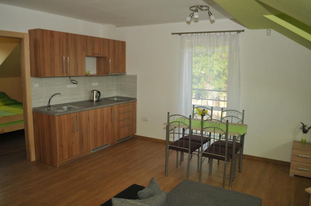 a kitchen with a table and chairs and a sink at Penzion Amalka Dobříkov in Dobříkov