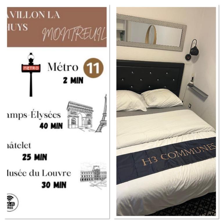 a poster of a bedroom with a bed and a sign at Sci h3 communes in Montreuil
