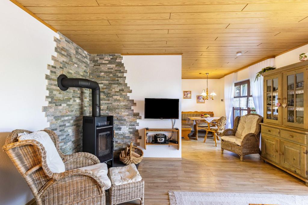 アルプシュタットにあるLandhaus am Lammerbergの石壁のリビングルーム(暖炉付)