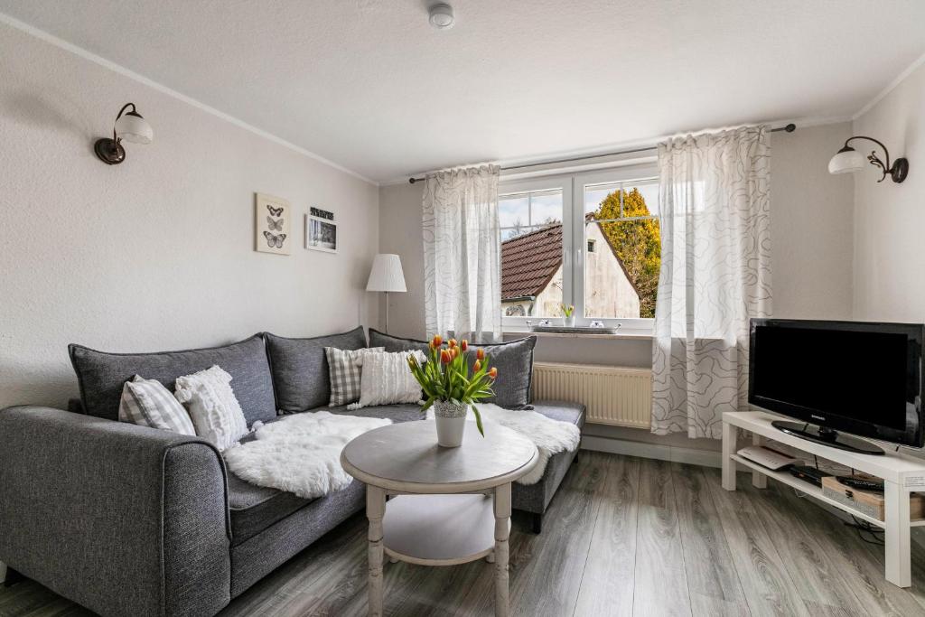a living room with a couch and a tv and a table at Ferienhaus Nilsson in Heide