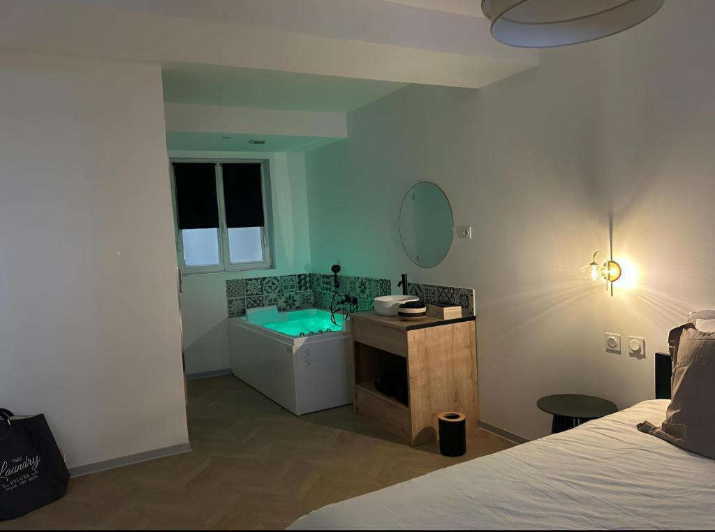 Schlafzimmer mit Bad mit Badewanne und Bett in der Unterkunft SPA & Détente - Cocon romantique au coeur de Moulins in Moulins