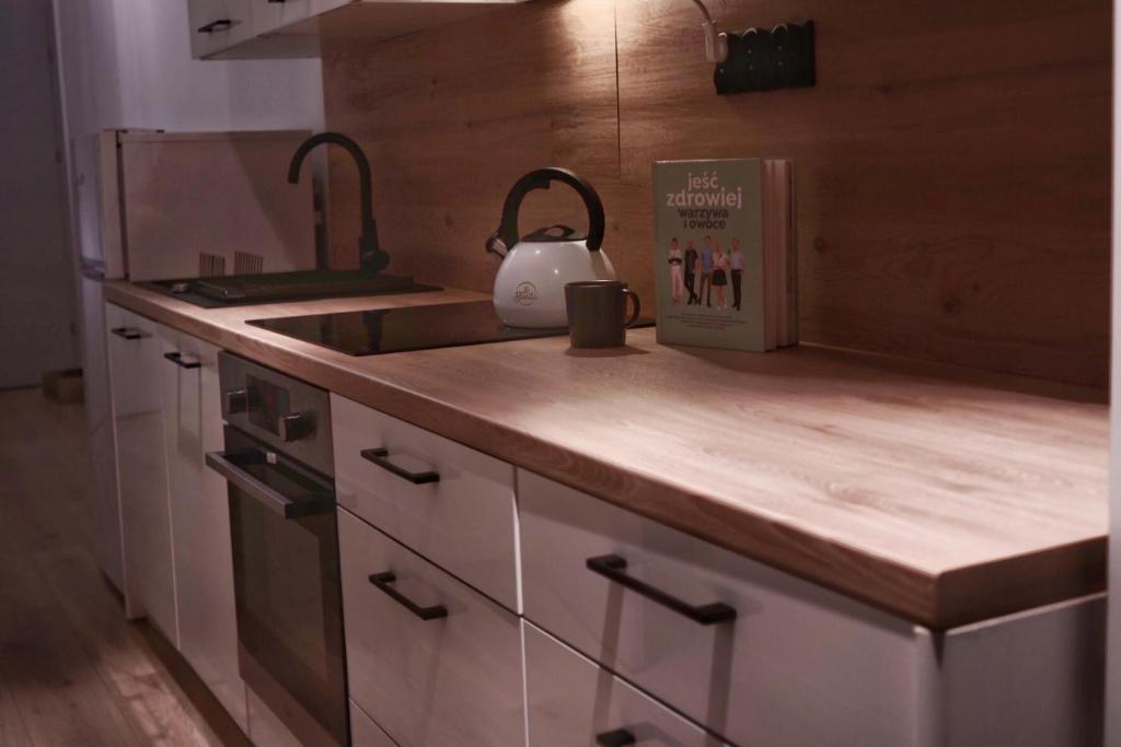 um balcão de cozinha com uma pia e um fogão em Pokój 2 osobowy w centrum miasta em Szczecin