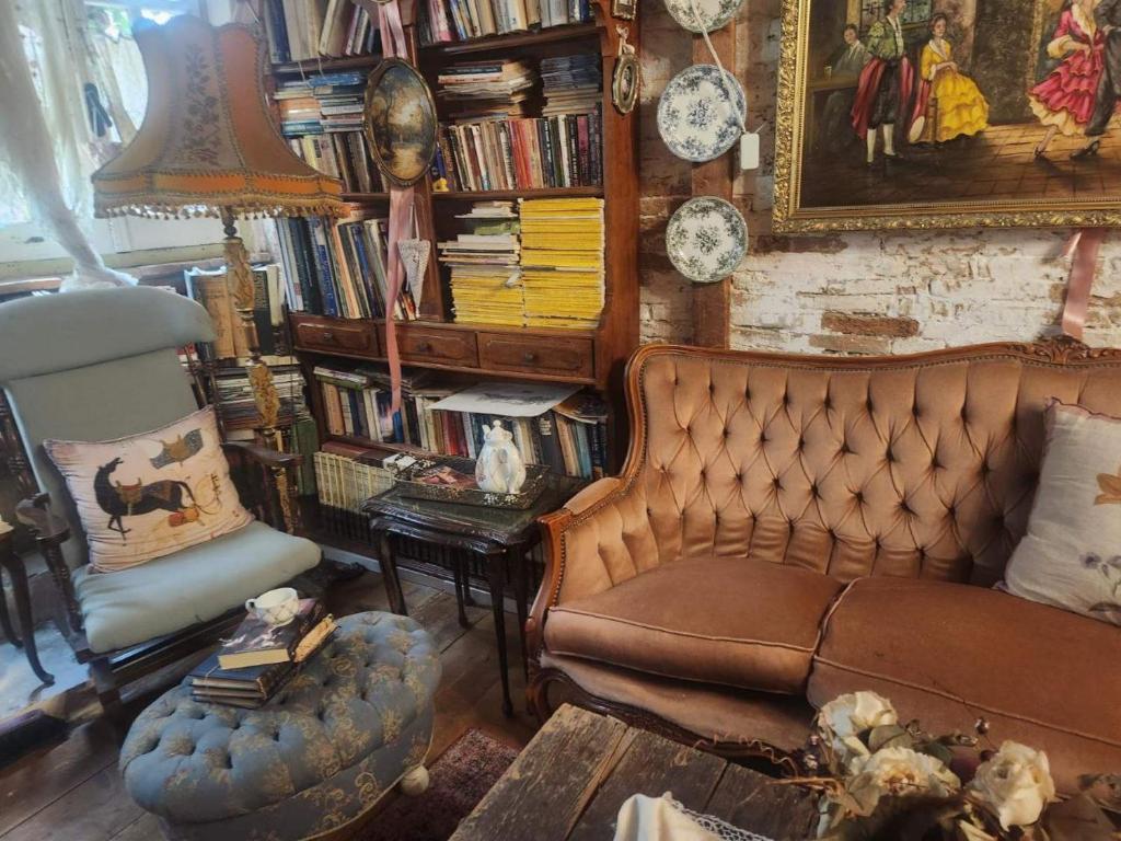 Una sala de estar con un sofá y una estantería de libros. en Tina's Art Home - Venetian Walls District, 