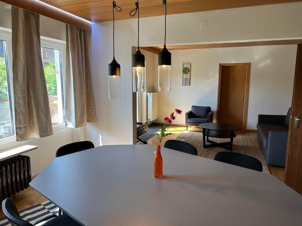 a living room with a white table and chairs at promedklinik apartment 4 in Volkach