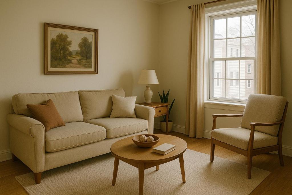 a living room with a couch and a table at Orange Rooms in Tirana