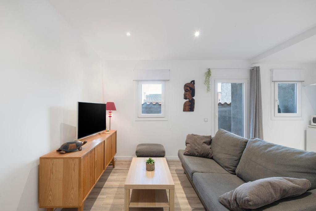 a living room with a couch and a flat screen tv at Cal Brigida in San Martín de Tous