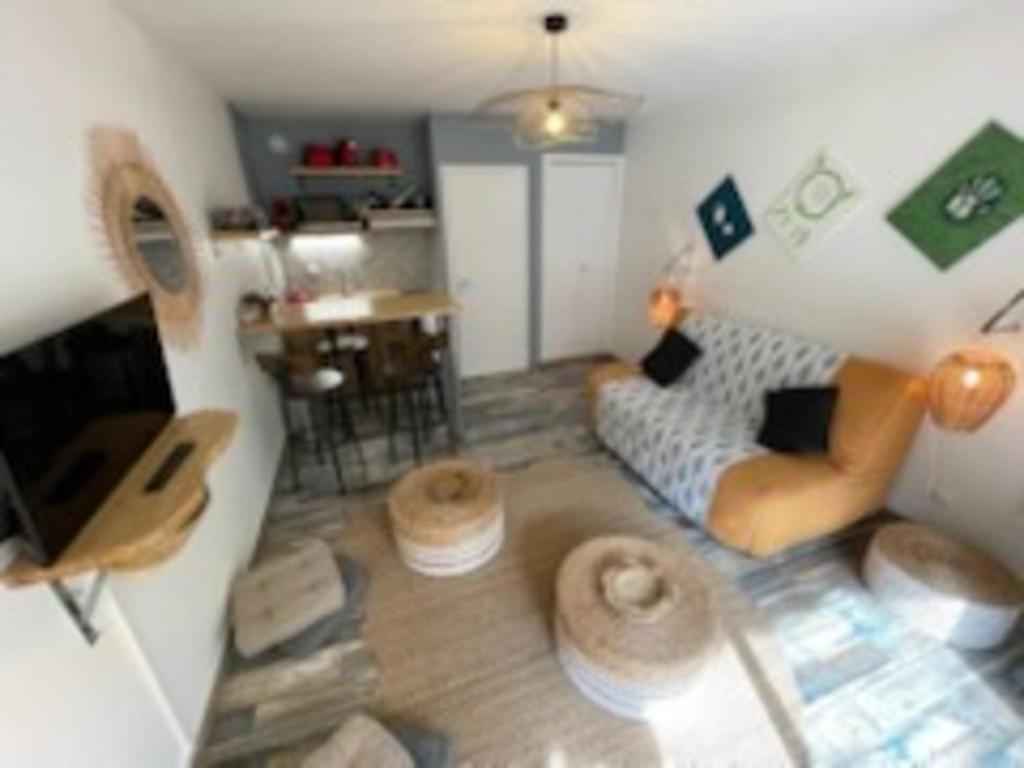 una sala de estar con un sofá y una mesa en Studio Cosy, en Saint-Georges-de-Didonne