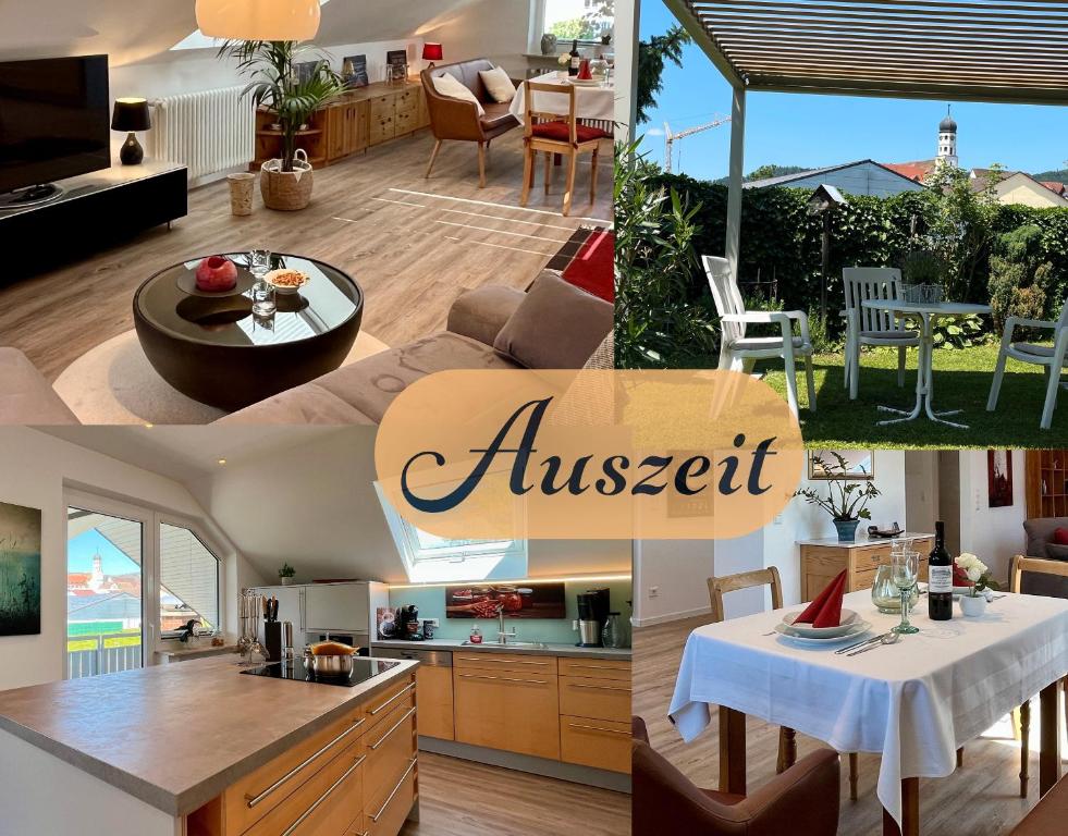 a collage of photos of a living room and a kitchen at Ferienwohnung Klosterblick in Öhningen