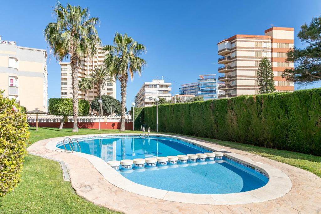 - une piscine dans une cour avec des palmiers et des bâtiments dans l'établissement Juan de la Cierva Playa, à El Campello