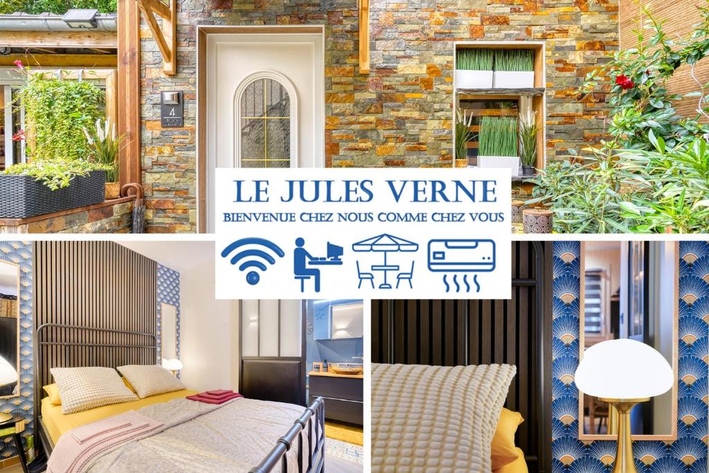 eine Fotocollage eines Hauses mit einem Bett und einem Fenster in der Unterkunft PARIS-JulesVERNE-Bienvenue-Terrasse-Netflix in Pantin