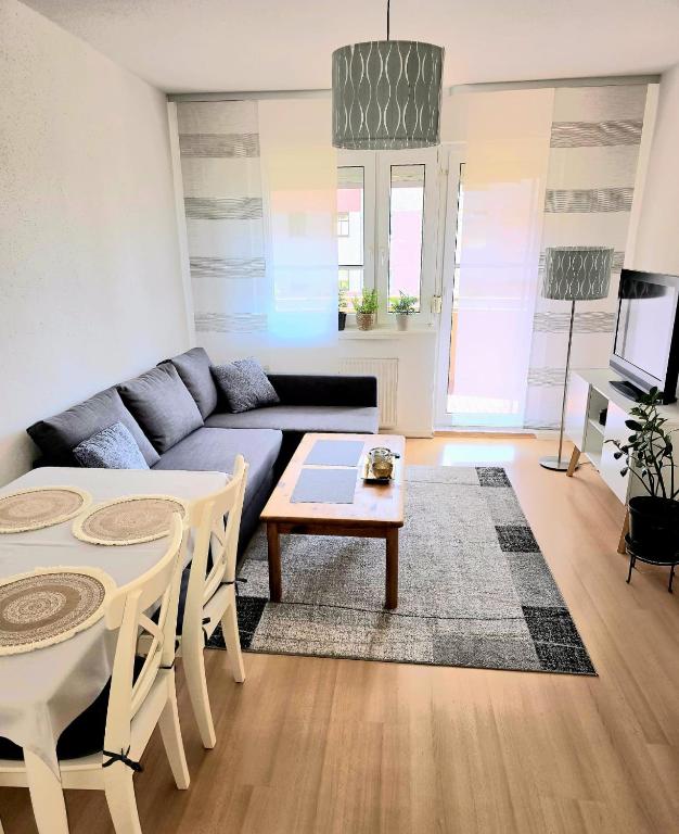 WalschlebenにあるSchönes Apartment In Walschlebenのソファとテーブルのあるリビングルーム