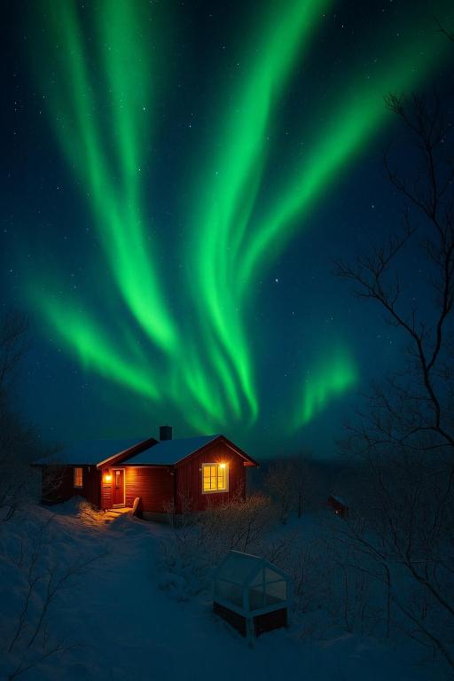 トロムソにあるNordic Retreatの空にオーロラが見えるキャビン