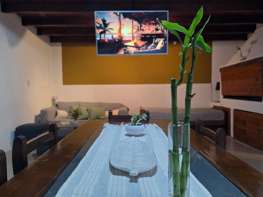 a dining room table with a vase with a plant on it at Casa Centrica con Cochera Privada y Portón Eléctrico para facil acceso in San Nicolás de los Arroyos