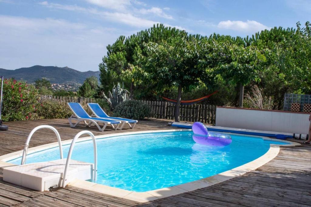 a swimming pool with a purple inflatable at Gîte l'Alba in Latour-de-France