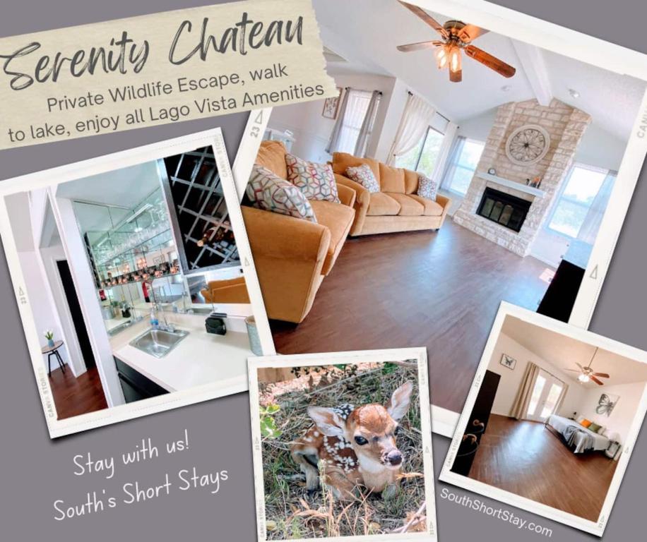 Un collage de fotos de una casa con un ciervo en el centro. en Serenity Retreat, Escape The City, Nature, Lake, en Briarcliff