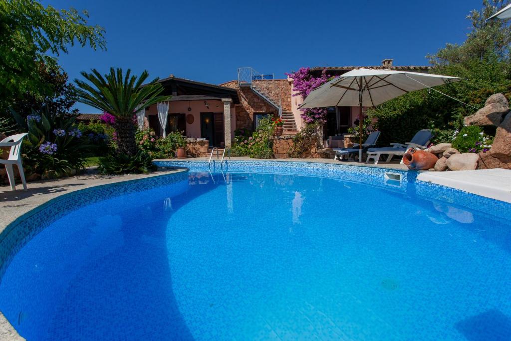 a large blue swimming pool with an umbrella at Villetta Le Rose in San Teodoro