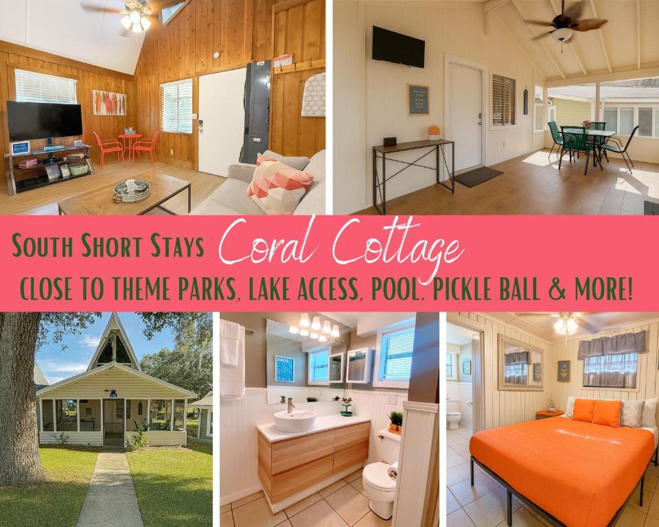 eine Collage mit vier Fotos eines Hauses in der Unterkunft Cottage-pvt Lake & Pool Access Near Disney Wporch in Castle Hill