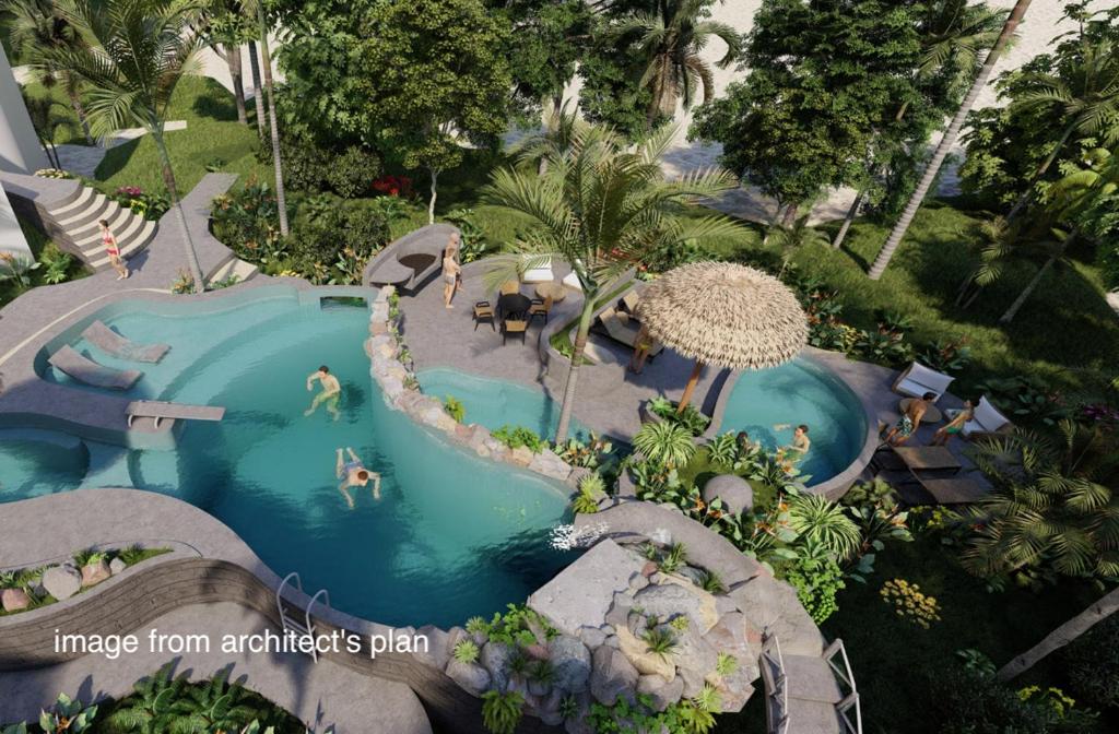 an overhead view of a pool at a resort at Casa Vida Verde in Cabo Matapalo