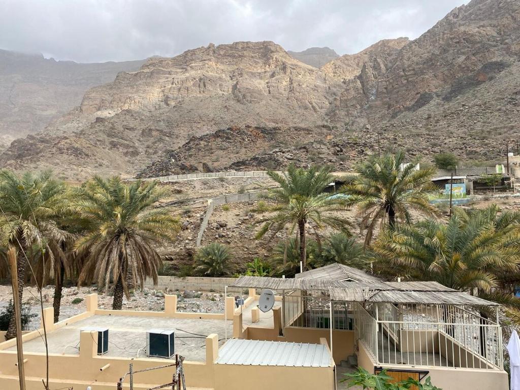 a building with palm trees in front of a mountain at Hajir Garden House in Muşayna‘ah