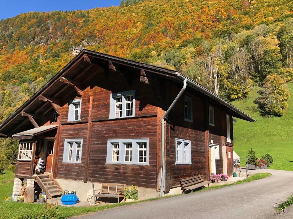 a large wooden house with a hill in the background at Ferienhaus Auen 37 in Matt