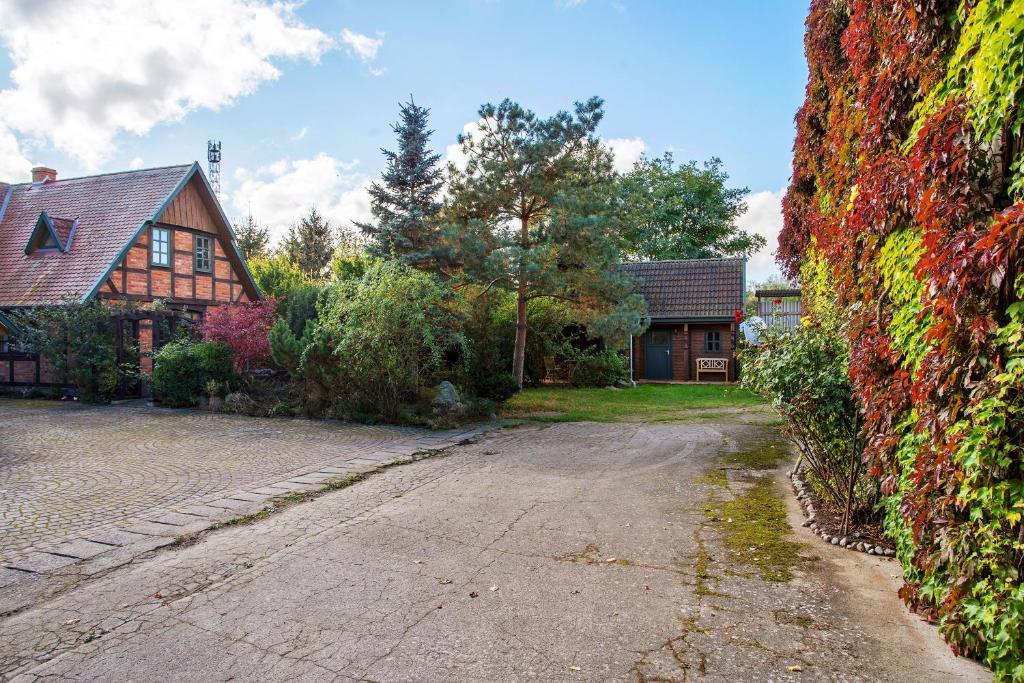 an empty driveway in front of a house at Blockbohlen-Haus auf Hof Verchen in Verchen