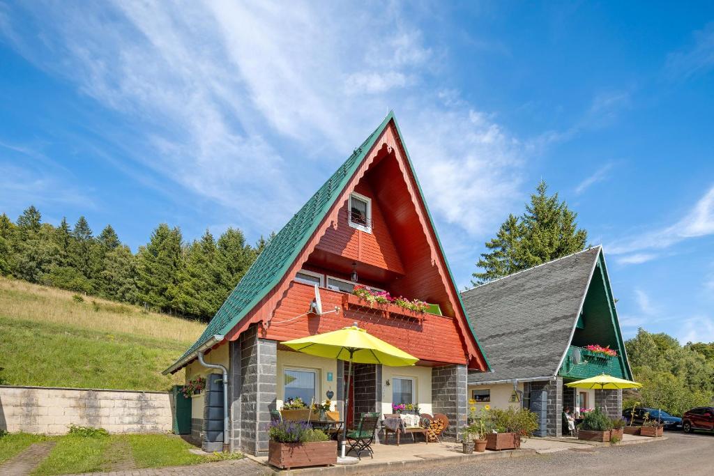 a house with a gambrel roof with a patio at Finnhütte Hohe Klinge Trusetal in Brotterode-Trusetal