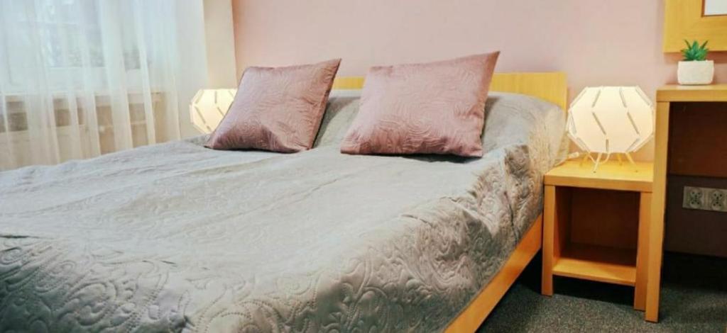 a bed with two pink pillows on top of it at K&K apartments in Wrocław