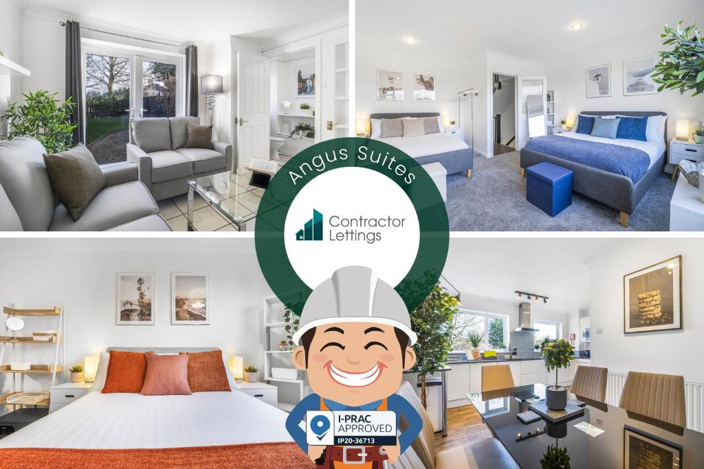 un collage de dos fotos de una sala de estar y un dormitorio en 4 Bedroom Elegant House Near Peterborough City Center with Free Parking - Angus Suites by Contractor Lettings, en Peterborough