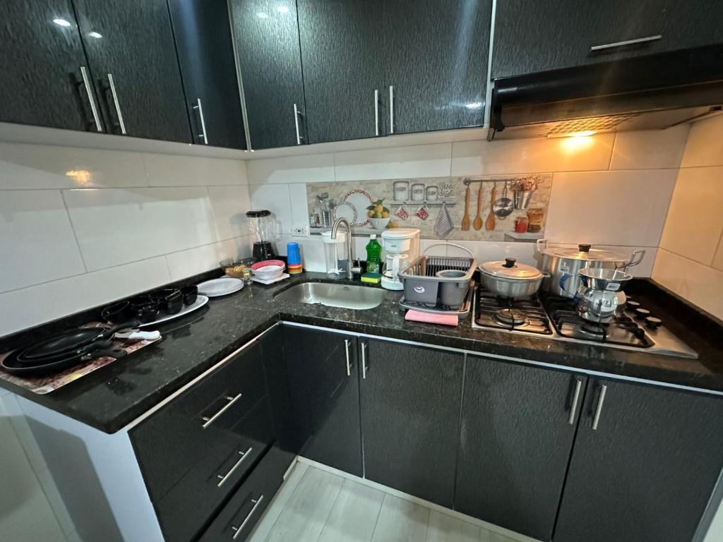 una cocina con fregadero y estufa horno superior en Apartmento Úbate, en Ubaté