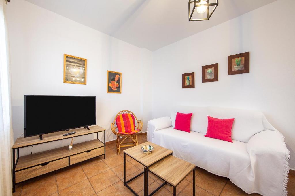 a living room with a white couch and a flat screen tv at Casa Tierra in El Pozo de los Frailes