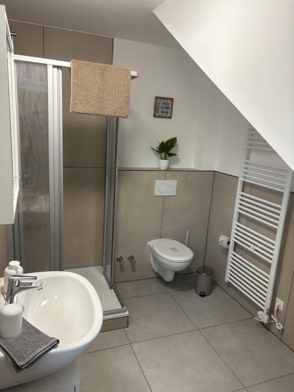 a bathroom with a sink and a shower and a toilet at FeWo Mitte in Kettig