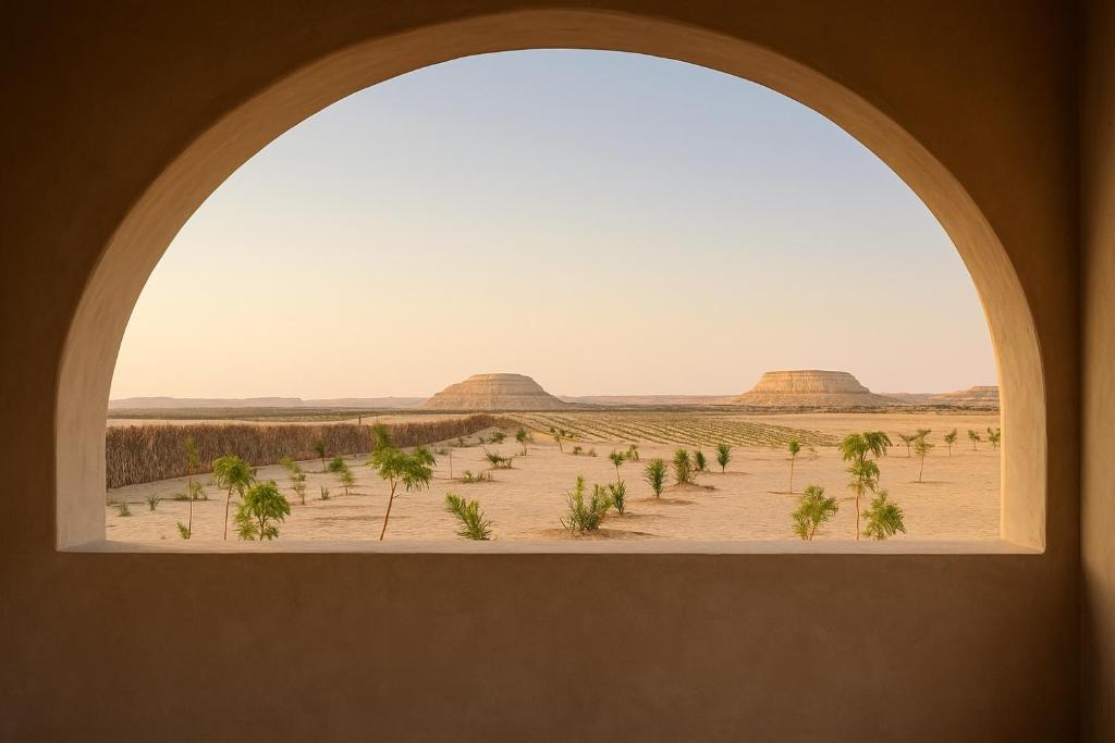 Blick durch ein Bogenfenster auf eine Wüste mit Palmen in der Unterkunft Soléi Desert Retreat in siwa oasis