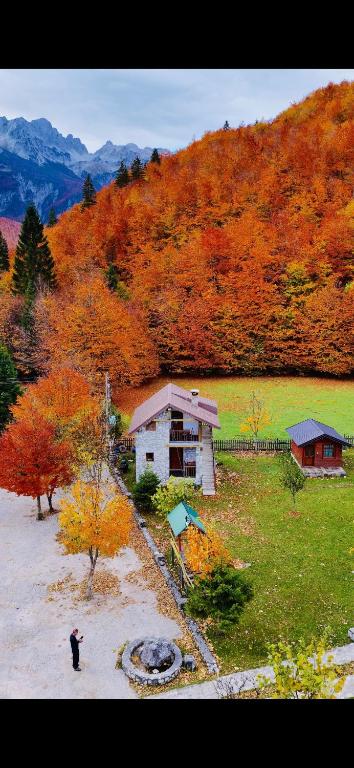 a person standing in front of a house in a field at Krojet e Rrogamit in Valbonë