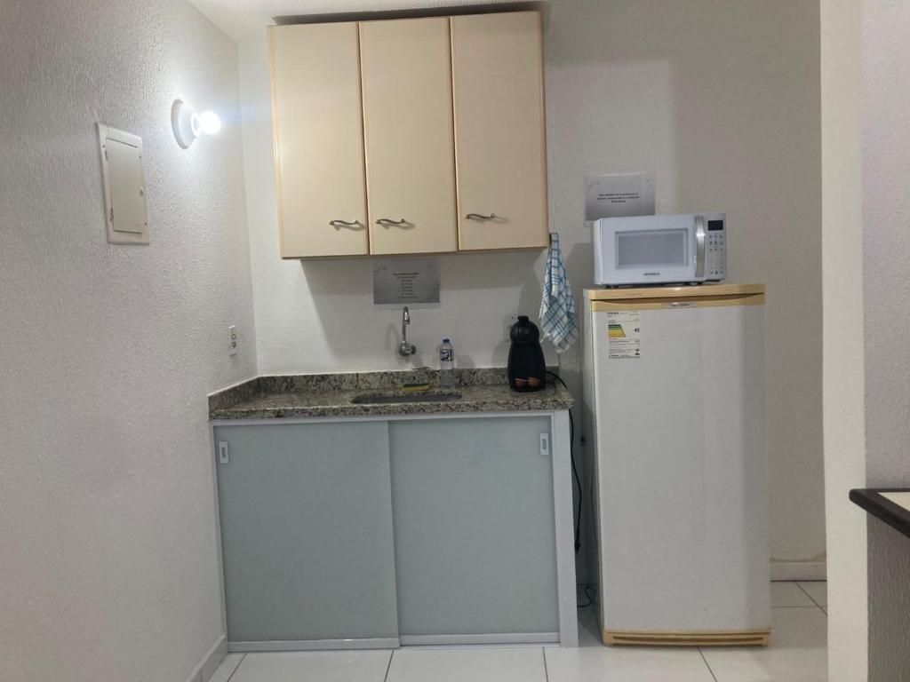 uma cozinha com um lavatório, um micro-ondas e um frigorífico em Smart Flat Apart em Mogi das Cruzes