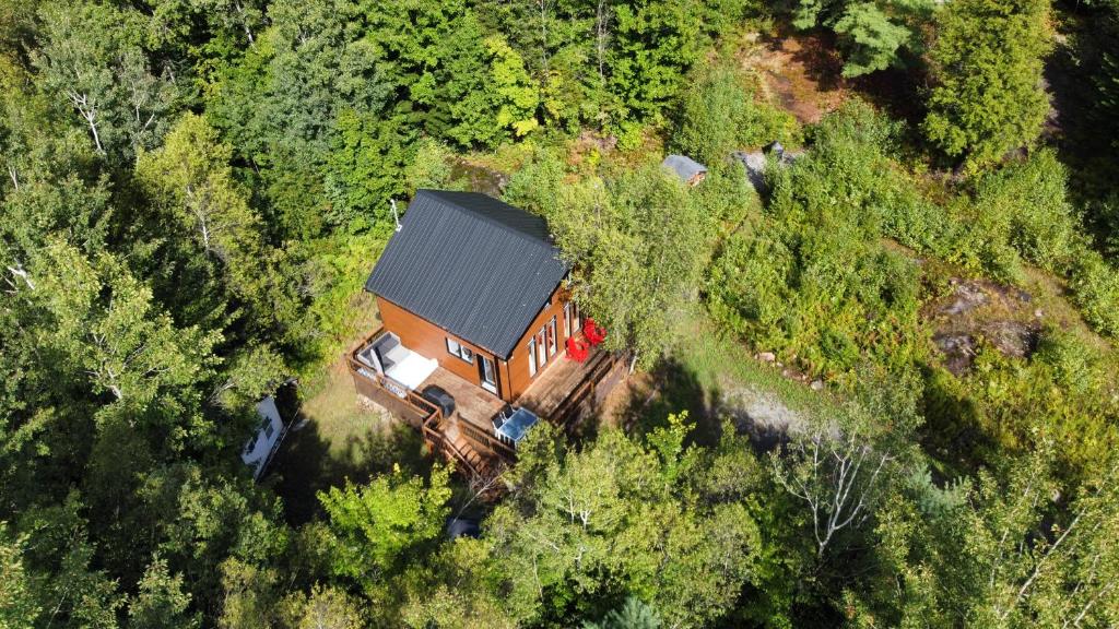 an aerial view of a house in the woods at Vacances Magiques Chalet Skadi Paix Nature in Saint-Justin