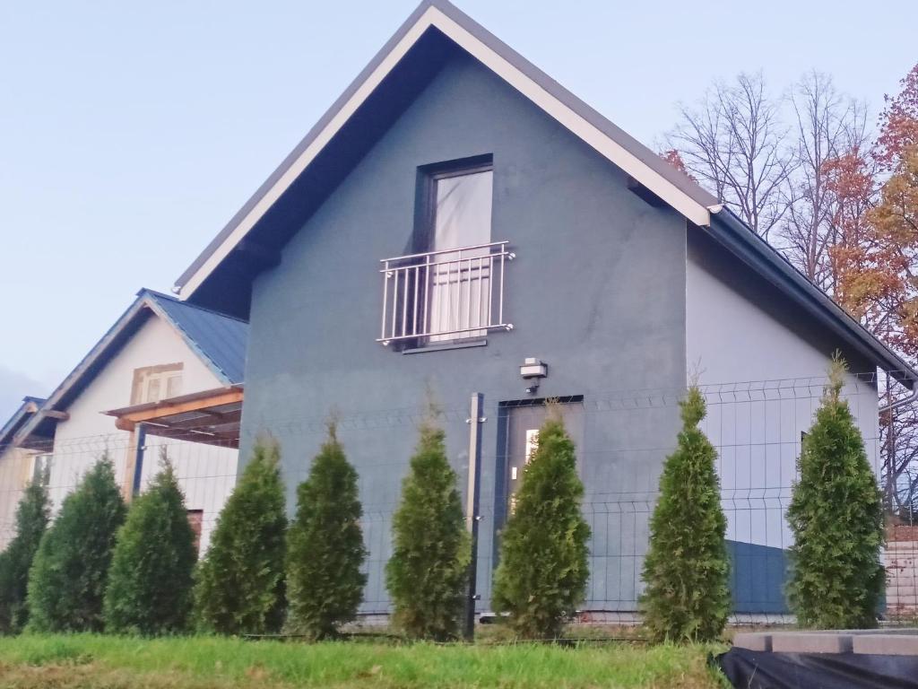 a blue house with a balcony and trees at Pine Peak Holiday House Sosnówka in Sosnówka