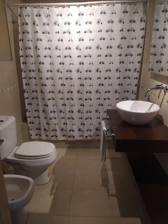 a bathroom with a toilet and a sink and a shower curtain at NORDELTA BAHIA GRANDE Monoambiente con cochera in Benavídez