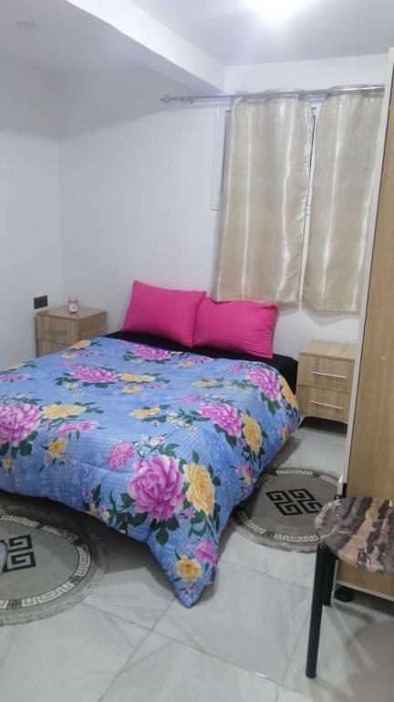 a bedroom with a bed with a blue comforter and pink pillows at Constantine in Constantine