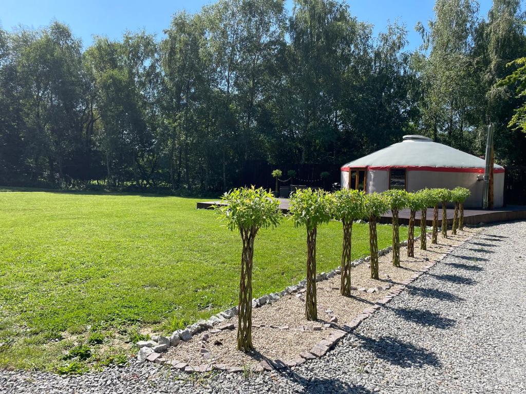 a row of trees in a park with a gazebo at Jurta Leśne Zacisze StOdOlNiA 
