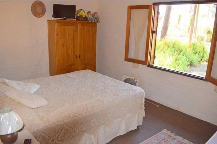 a bedroom with a white bed and a window at Les y Hirondelles in Piriápolis