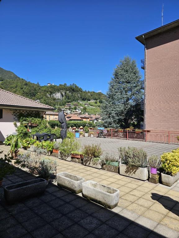 a garden with a bunch of plants on a sidewalk at Riverside San Pellegrino in San Pellegrino Terme