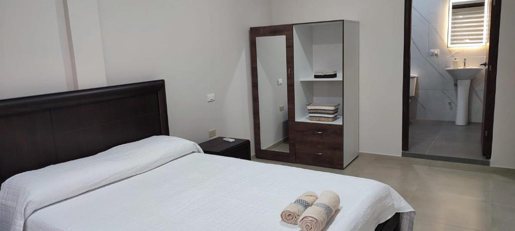 Un dormitorio con una cama, un lavabo y un espejo. en Amathea Imperial, en Machala