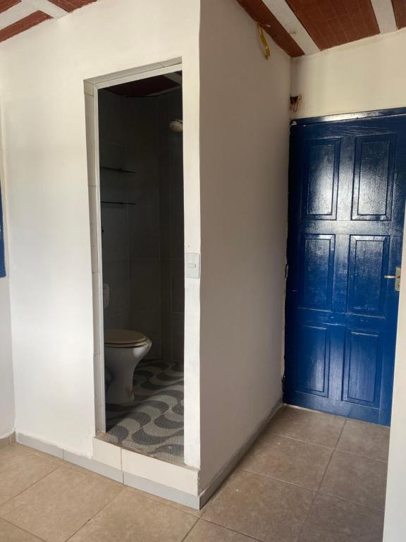 Sol Mar Hostel في Santo Agostinho: حمام بباب ازرق ومرحاض