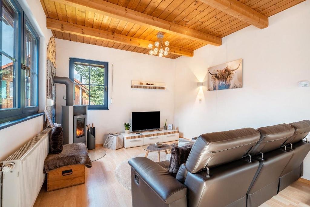 ホルンベルクにあるFerienhaus Elisabeth mit Fasssaunaのソファとテレビのあるリビングルーム