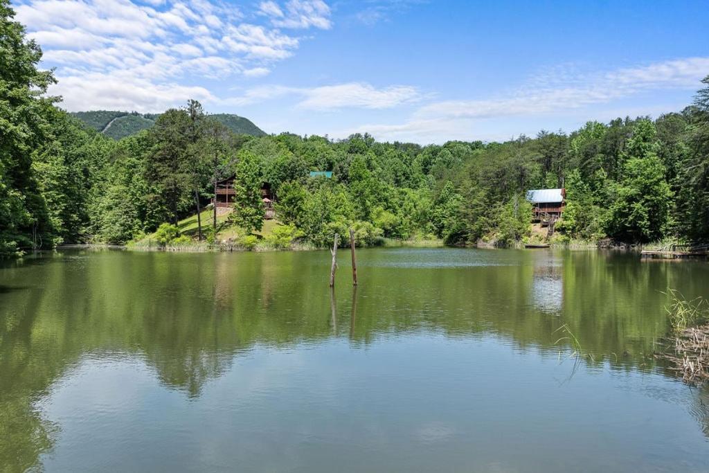 a large lake with trees in the background at Cozy cabin, Bed swing, Arcade game, hot tub in Sevierville