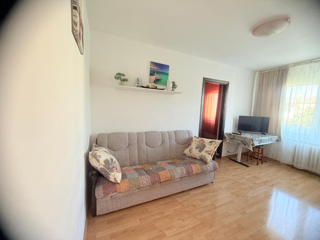 a living room with a couch and a desk with a computer at Cozy Apartments in Bacău