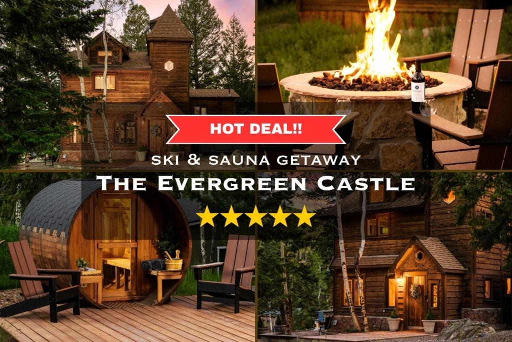 a collage of photos with a hot grill and a fire pit at The Evergreen Castle in Evergreen