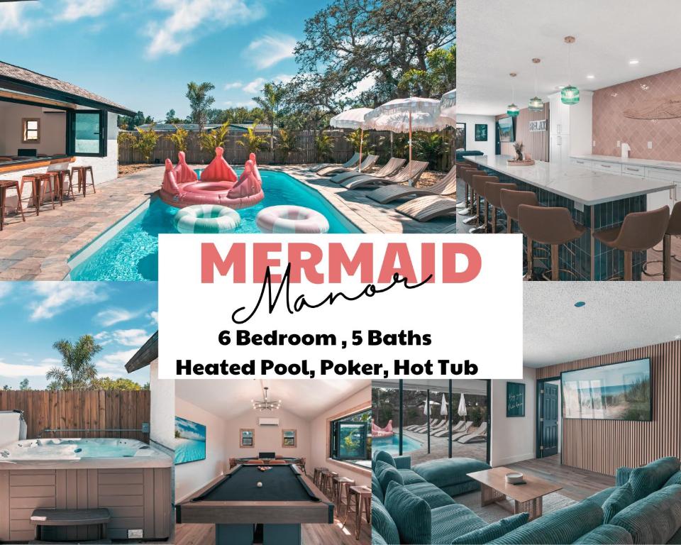 a collage of photos of a mansion with a pool at Lux 6br5ba, Htd Pool, Hot Tub, Game Rm Sleeps 22 in West Bradenton