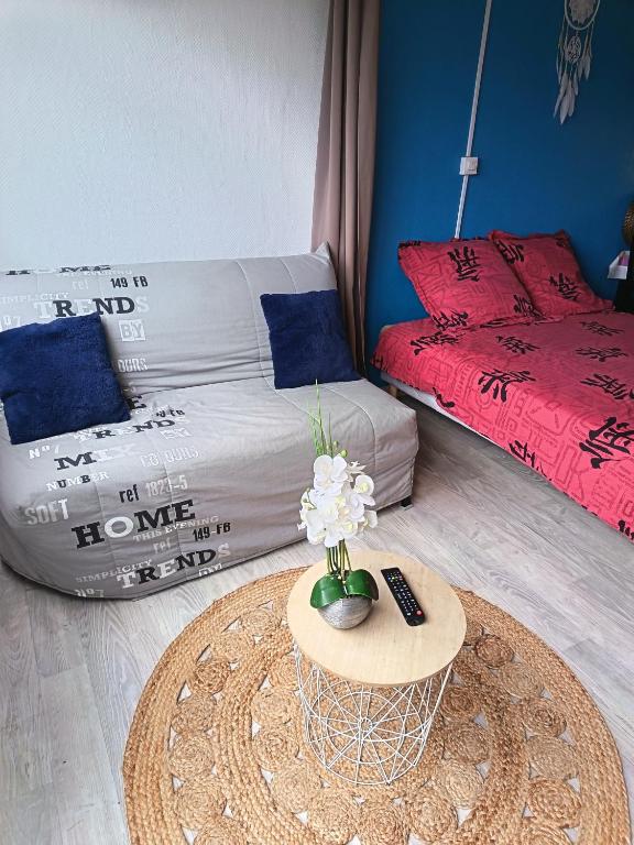 ein Wohnzimmer mit Sofa und Couchtisch in der Unterkunft Studio Cap d'Agde in Cap d'Agde